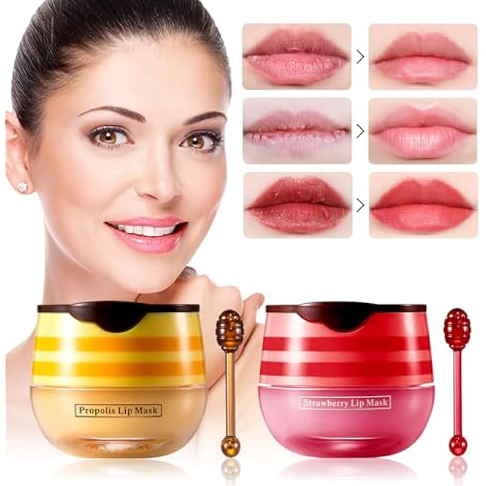 LSxia 2 PCS BEE HONEY LIP BALM HONEY POT, STRAWBERRY & BEE HONEY LIP MASK, REDUCES LIP LINES, HYDRATE & MOISTURIZING LIP SKIN CARE, PREVENTION DRY CRACKED LIPS, BEE HONEY LIP BALM FOR LIP REPAIR TREATMENT - Image 1